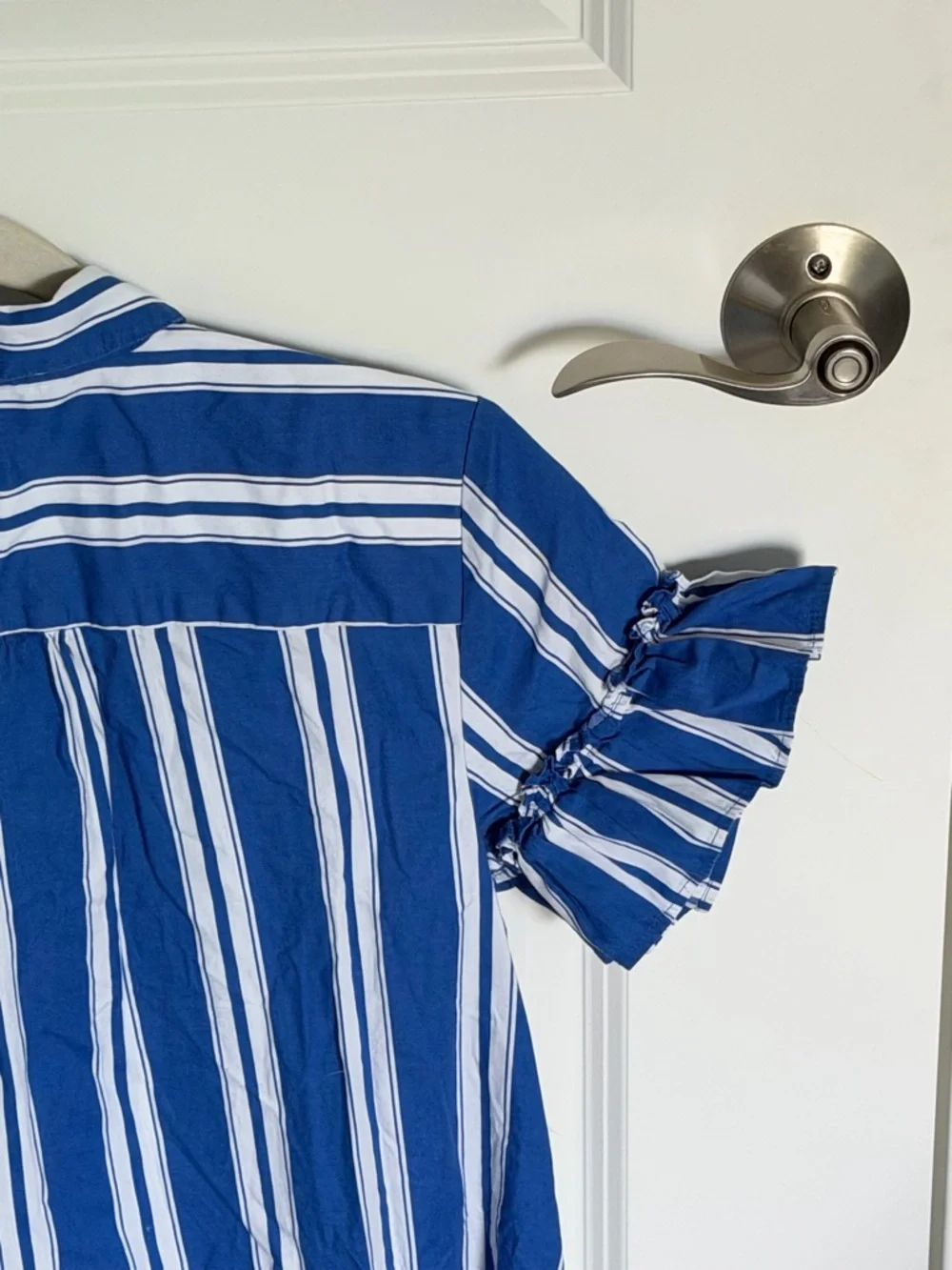 J. Crew Royal Blue & White Striped Ruffle-Sleeve Mini Shirt-Dress 2 54857